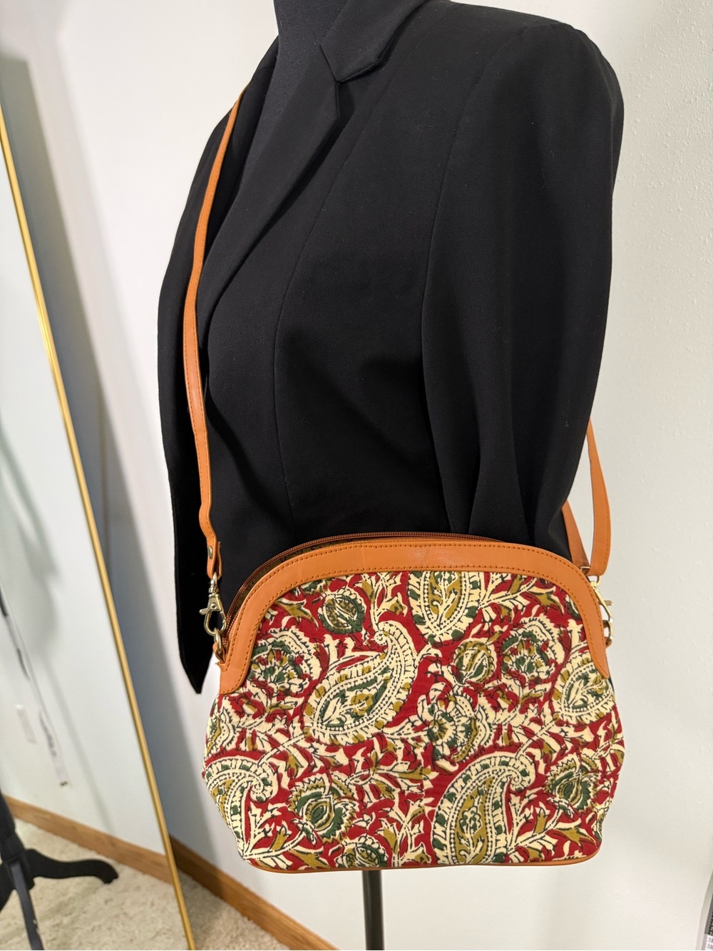 Paisley Block Print Crossbody Bag Red Floral Boho India Inspired Purse